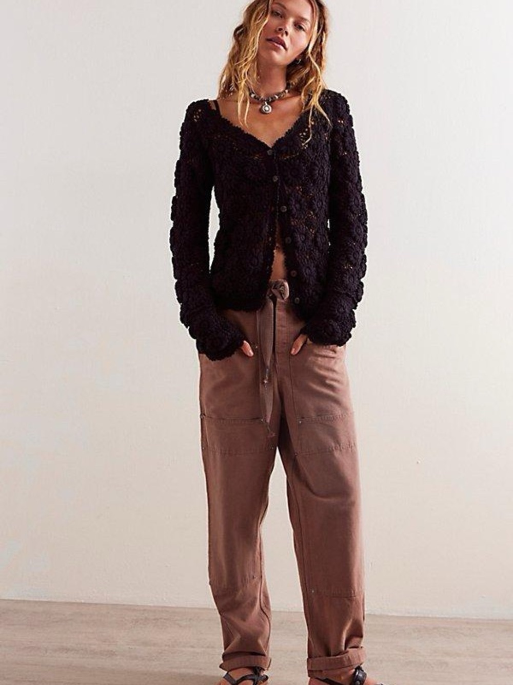 We the Free Alicia Floral Crochet Cardigan Black New Womens Large Boho